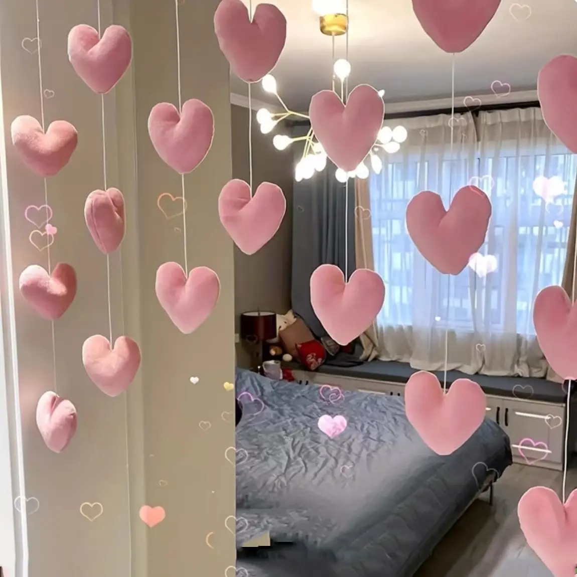7-Piece Heart-Shaped Door Curtain Set, No-Drill Hanging Decorations, Girly Home Decoration, High-Quality Bedroom Curtains, Decorative Ornaments, Birthday Party Decor, Party Decor Supplies