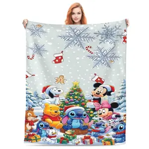 DISNEY CLASSIC Christmas Blanket - Mickey, Minnie, Stitch, Winnie the Pooh & Friends Celebrating Holiday - Soft Plush Throw Blanket with Snowflakes & Gifts - Perfect Gift for Kids