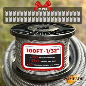316 Stainless Steel Wire Rope, 400 FT, 600 FT, 1,000 FT, 1/32 inch thick, comes with 100 aluminum anti-slip sleeves; suitable for hanging string lights, clotheslines, and wire art on trellises; 200 FT, 800 FT, 100 FT