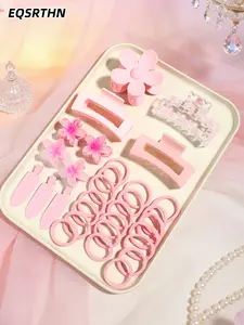 31pcs multi-functional pink lady beauty dress hair accessories tool set, flower-shaped hair claw flower hair accessories, soft elastic hair ring hair rope, love printing square hair clip, side seamless hair clip