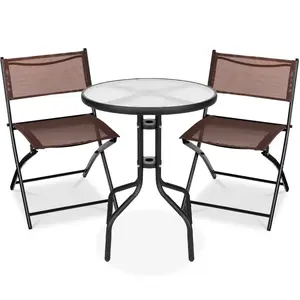 Best Choice Products 3-Piece Patio Bistro Dining Furniture Set w/ Round Textured Glass Tabletop, Folding Chairs