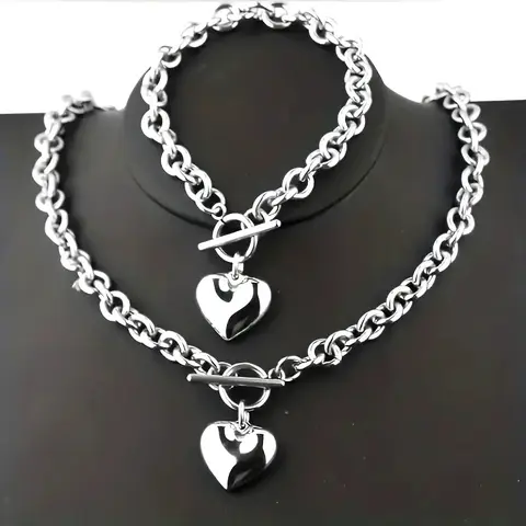 BIGWIG Women's Elegant Non Tarnish Stainless Steel Chain Necklace Set - Heart Pendant, Bracelet, Metal Coated Earrings, Valentine-Ready Jewelry Set for Day-to-Vacay Wear, Tarnish Proof Accessories