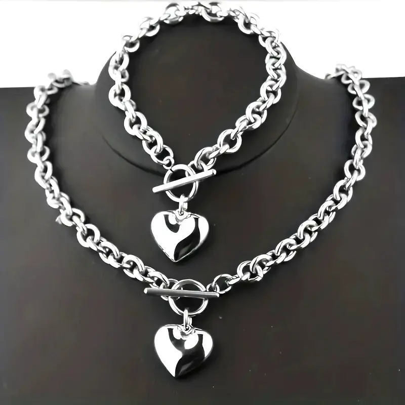 Elegant Stainless Steel Heart Pendant Necklace And Bracelet Earring Set for Women - Perfect for Everyday Wear Or Vacation, Valentine'S Day Gift