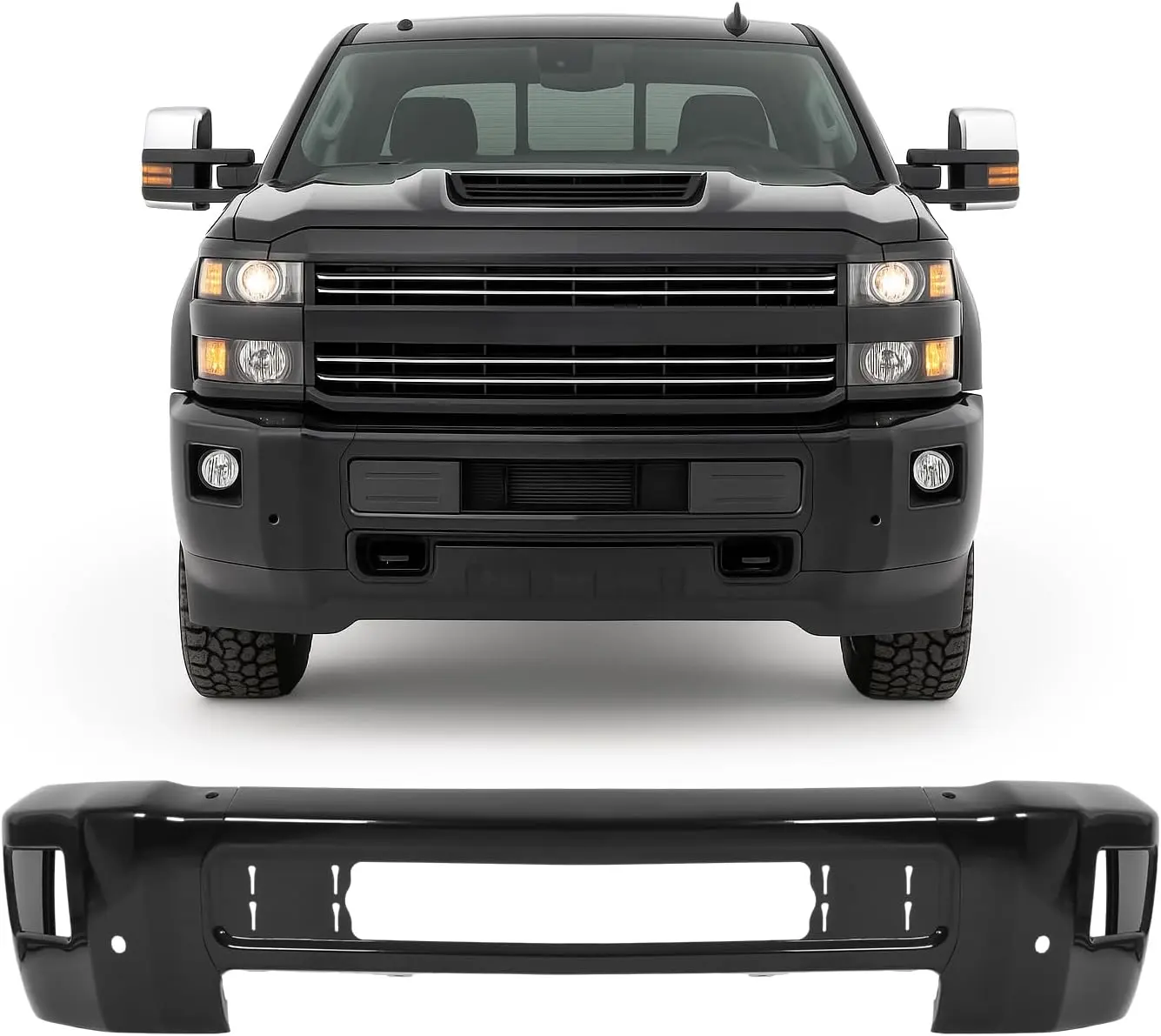 Front Bumper Face Bar Compatible With 2015-2019 Chevy Chevrolet Silverado 2500 3500 HD High Country, LT, LTZ, WT Replacement For GM1002871 W/Park Assist Sensor & Fog Light Holes 3Pcs Steel-Black
