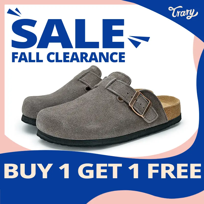 [BUY 1 GET 1 FREE!!!]Trary Women Genuine Leather Round Toe Cork Footbed Clogs Potato Shoes with Arch Support Adjustable Buckle Clogs Non-Slip Slippers Retro Fashion Walking Shoes