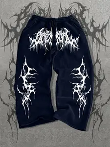 Men's Y2K Gothic Metal Graphic Print Sweatpants, Loose-Fit Drawstring Waist Pants, Long Regular Length, All-Season Casual Wear, Multiple Colors Available