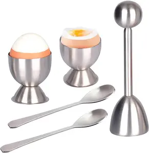 Egg Cracker Topper Set of 5 - Includes 2 Egg Cups, 2 Spoons and 1 Cutter - Stainless Steel Easy Egg Opener