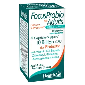 FocusProbio for Adults, 30 CT, 10 Billion CFU with prebiotic, Cognitive Support, Once Daily, Contains Vitamin D3, Bacopa, Citicoline, L-Theanine, Ashwagandha, and Iodine, Vegetarian