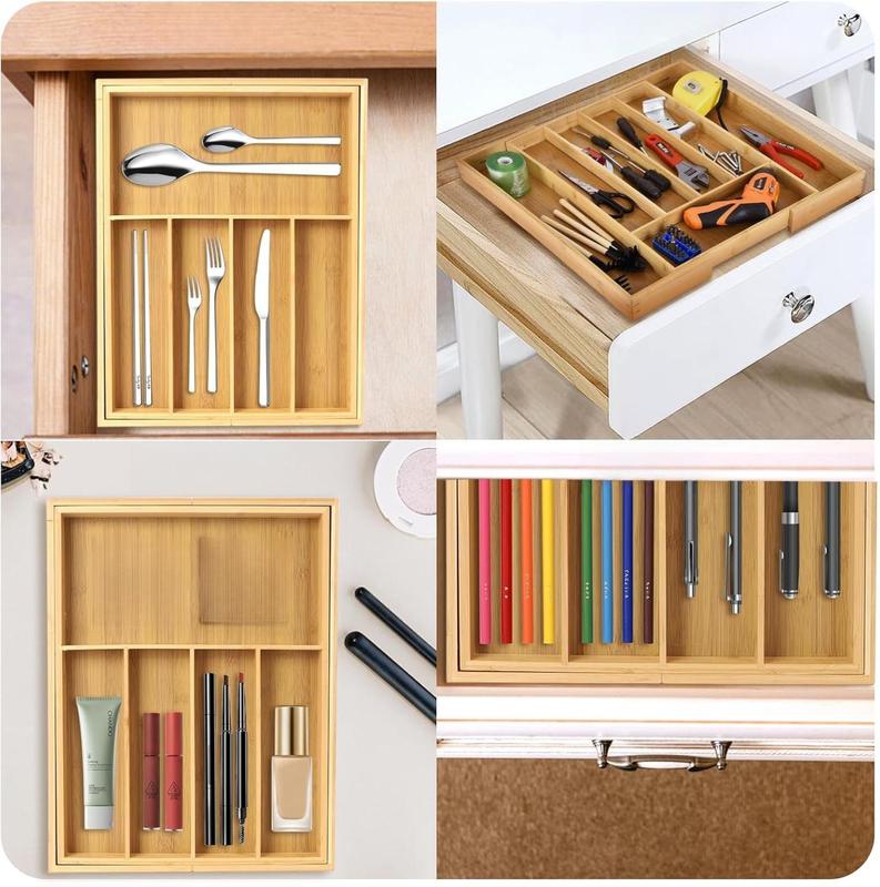 [New Deal] Expandable Bamboo Drawer Organizer 7 Compartments Adjustable for Utensils Silverware Kitchen Living Room Bedroom Eco-Friendly Premium Gift Boxes