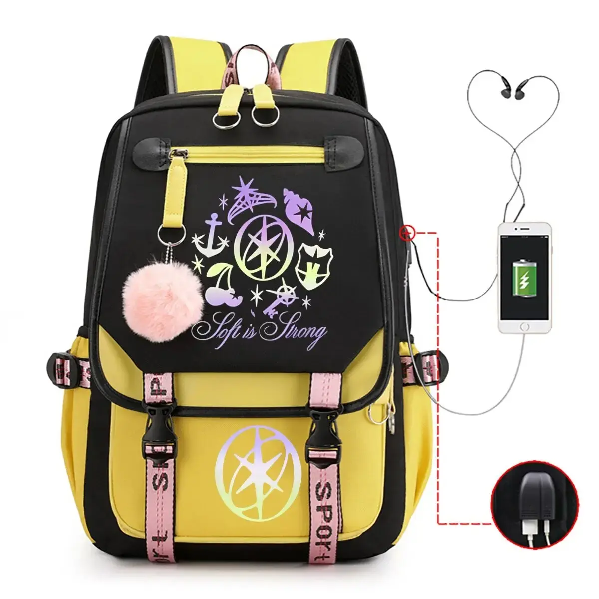 KATSEYE School Backpack for Girls - Black and Yellow Charging Port Bookbag with Flap Buckle, Fluffy Pom Pom Pendant, Large Capacity Travel Daypack