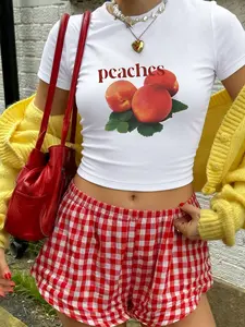 Women's "peaches" Fruit Graphic Crop Top | Slim Fit Y2K Aesthetic Baby Tee | Soft Stretchy Casual Streetwear | Cute Coquette Peach Style