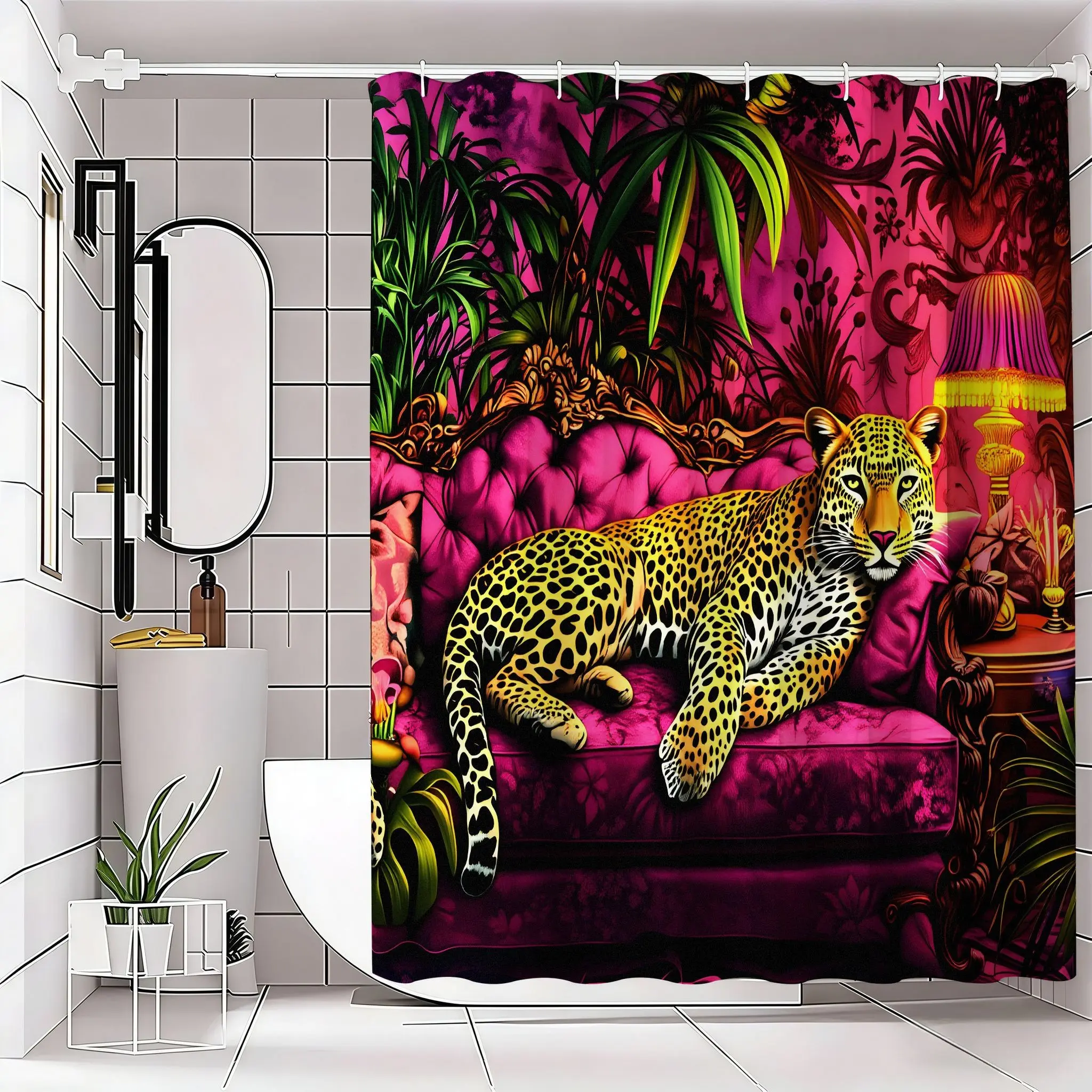 Luxurious Leopard Shower Curtain, Golden- Fur, Regal Magenta Sofa, Exotic Tropical Background, Glamorous Bathroom Decor