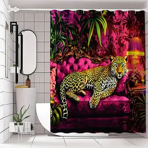 Luxurious Leopard Shower Curtain, Golden- Fur, Regal Magenta Sofa, Exotic Tropical Background, Glamorous Bathroom Decor