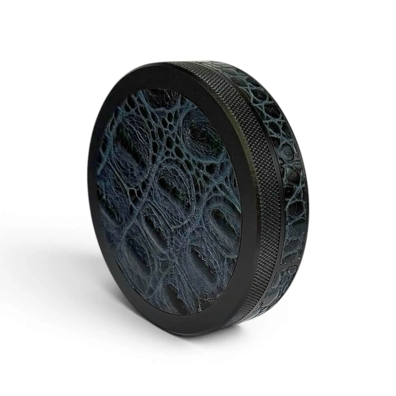 Black on Midnight Blue Embossed Croc Ruk Can Slim | Premium EDC Storage Solution | 100% Genuine Leather on Top and Band | Airtight Seal for Freshness | Anodized Aluminum Tin Can
