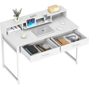 Computer Desk with Drawers, 47" Home Office Desk with Monitor Shelf, Writing Desk with Storage, Gaming Desk Work Desk Study Desk for Bedroom, White