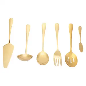 6-Piece Serving Flatware Silverware Set, Serving Utensil Set,Include Cake Server, Slotted Serving Spoon Gold