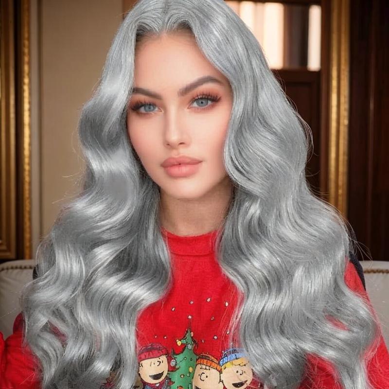 Grey Body Wave Synthetic Lace Front Wigs Glueless Silver Grey Loose Wave 13X4 HD Lace Middle Part Natural Hair Line 30 Inches 250% Density Heat Resistant Fiber Hair Wigs for Women Daily Party Cosplay Use