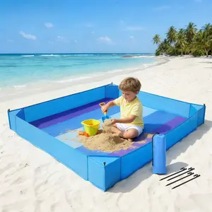 Blue Outdoor Sandproof Baby Beach Playpen with Beach Blanket, Side Walls and Stakes to Keep Sand Out, Suitable for Travel, Seaside, Beach Park and Lawns