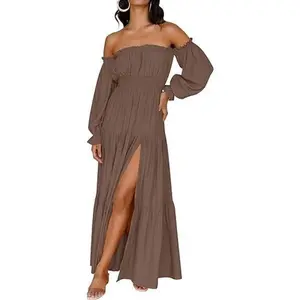 Women's 2025 Boho Sexy Off Shoulder Long Sleeve Smocked High Waist Side Split Flowy A Line Tiered Long Maxi Dress.....