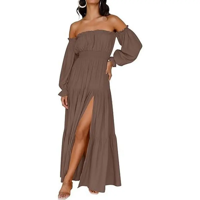 Women's 2025 Casual Boho Long-Sleeve Off-Shoulder Smocked High-Waist Side-Split Flowy A-Line Tiered Maxi Dress, Elegant Formal Casual Wear for Lady, Womens Dresses,summervibes - TikTok Shop Women's 2025 Casual Boho Long-Sleeve Off-Shoulder Smocked High-Waist Side-Split Flowy A-Line Tiered Maxi Dress, Elegant Formal Casual Wear for Lady, Womens Dresses,summervibes - TikTok Shop