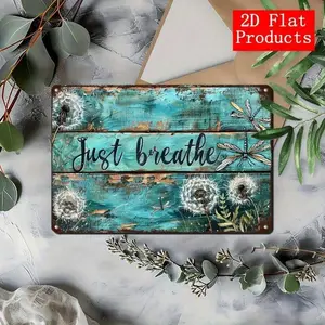 Vintage Boho Metal Wall Art Sign - 8" x 12" Rustic Dandelion & Dragonfly Floral Design with "Just Breathe" Quote