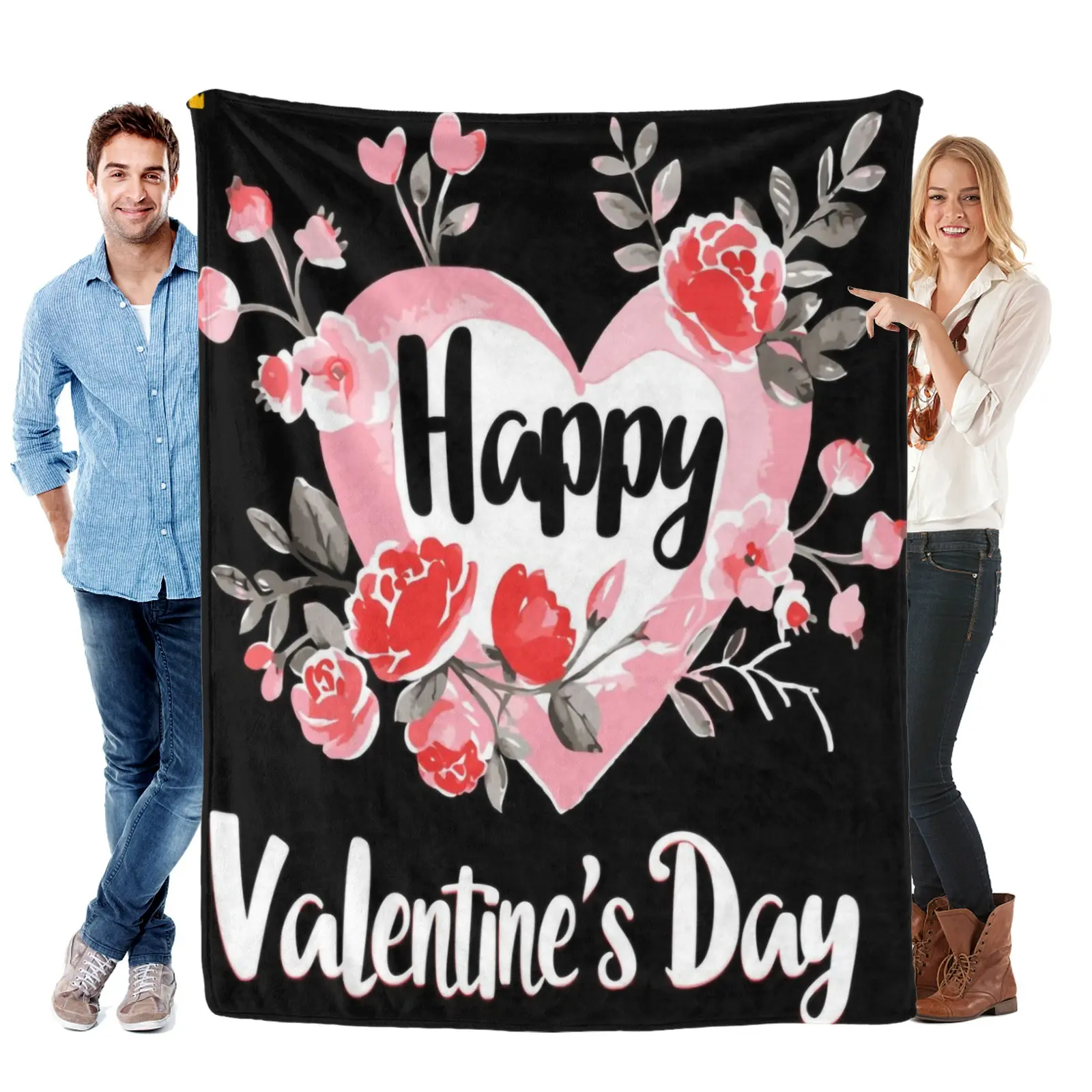Demon Slayer Anime Inspired Plush Fabric Ultra-Soft Fleece Blanket - Japanese Theme, Graphic Print, Romantic Pink & Red Floral Design on Bold Black Background, Multi-Size, Valentine’s Day Couple Cuddle Gift