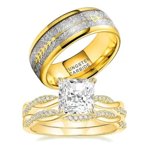 vowsering 1CT CZ Wedding Ring Set for Women & Men Yellow Gold Plated Bridal Couple Rings Tungsten Ring Wedding Band