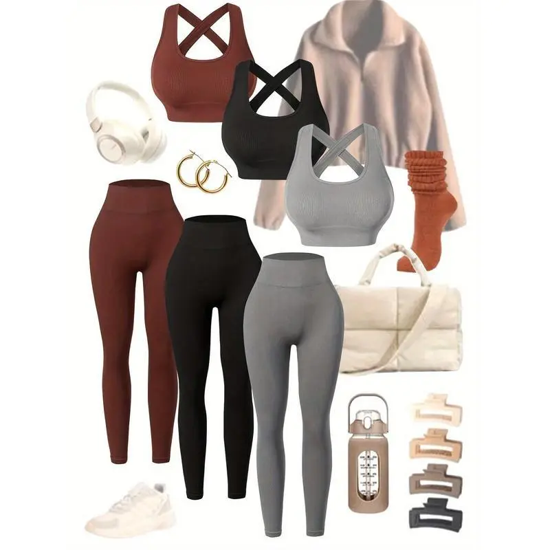 Women's 2-Piece Yoga Set, Plus Size Seamless Ribbed Knit Activewear with High-Waisted Athletic Leggings and Crop Top, Activewear For Yoga