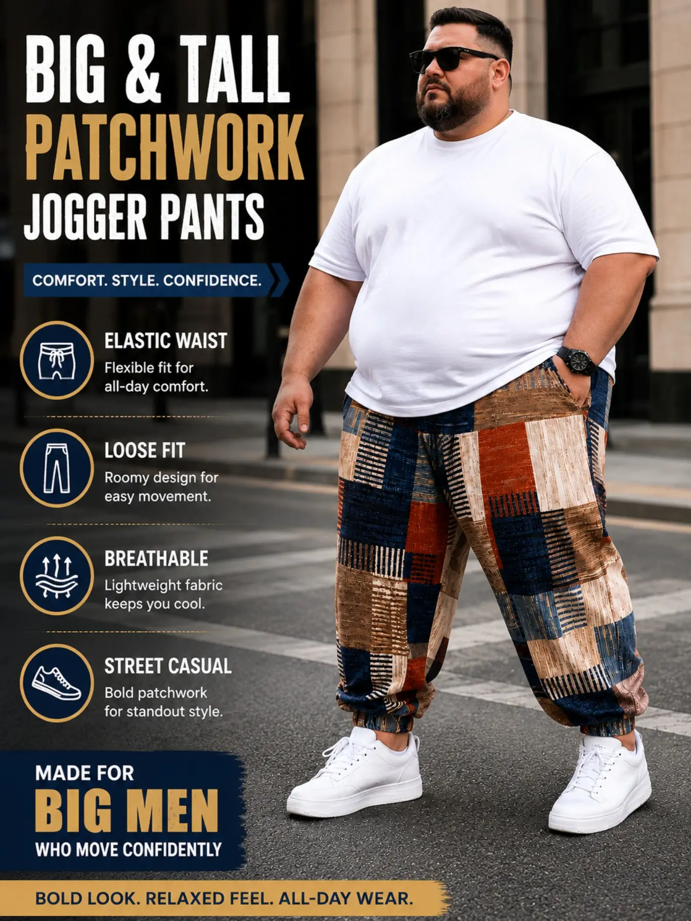 Plus Size Men's Casual Street Comfy Wide-Leg Pants Print, Street Style Loose Fit Breathable Comfort Daily Wear, Ideal for Everyday Use, All Seasons Trousers