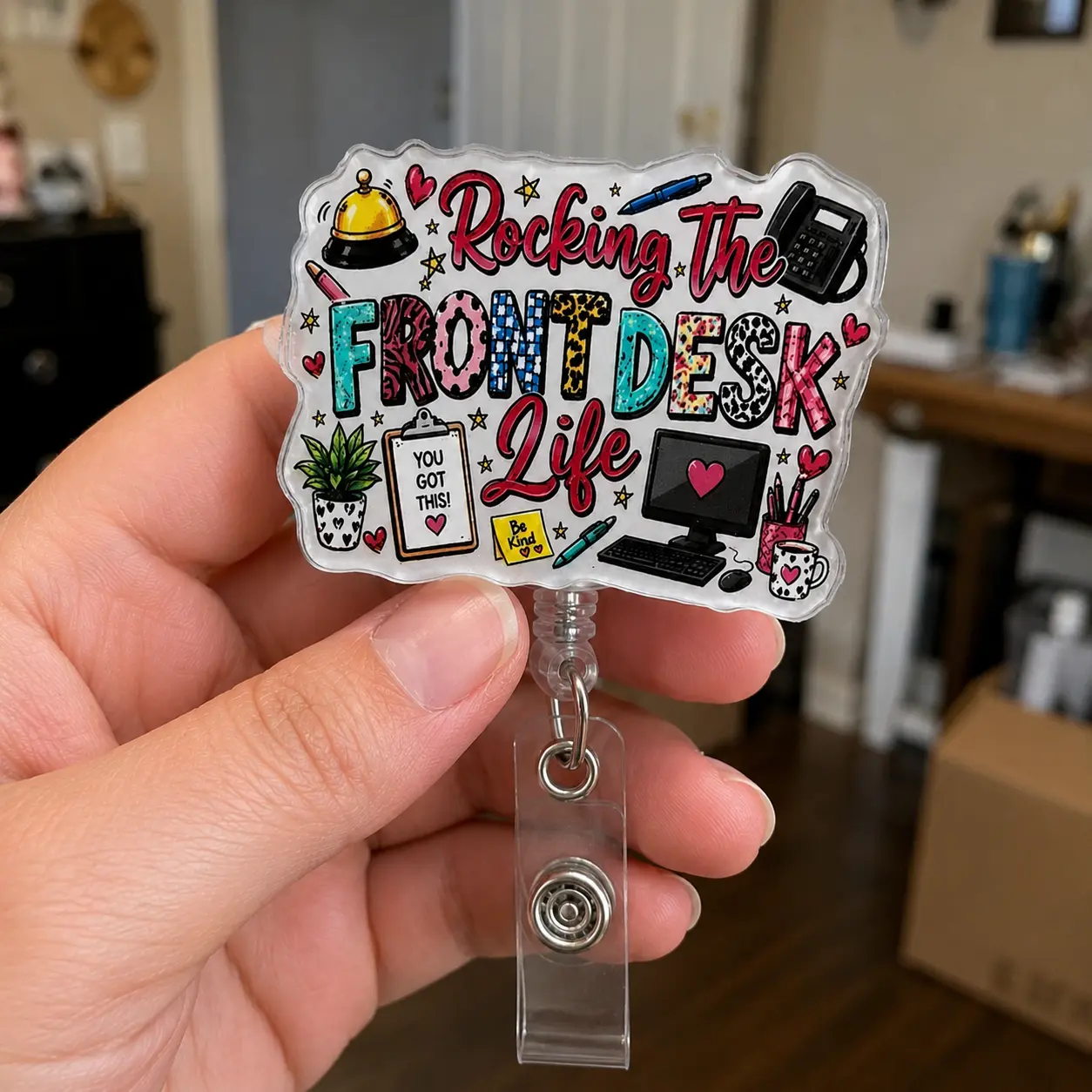 Badge Reels for Front Desk Staff, Rocking the Front Desk Life Cute Acrylic ID Holder, Retractable Clip Hotel Office Receptionist Gift