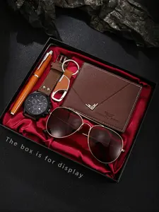 Men's Premium 5-Piece Set, Sporty Watch Band, Pen, Durable Keychain, Embossed Eagle Wallet, Classic Sunglasses, Outdoor Lover Gift