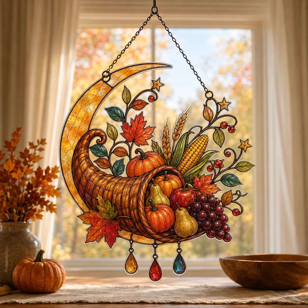 Autumn Cornucopia Acrylic Suncatcher, Faux Stained Glass Window Hanging, Thanksgiving Harvest Moon Fall Home Decor