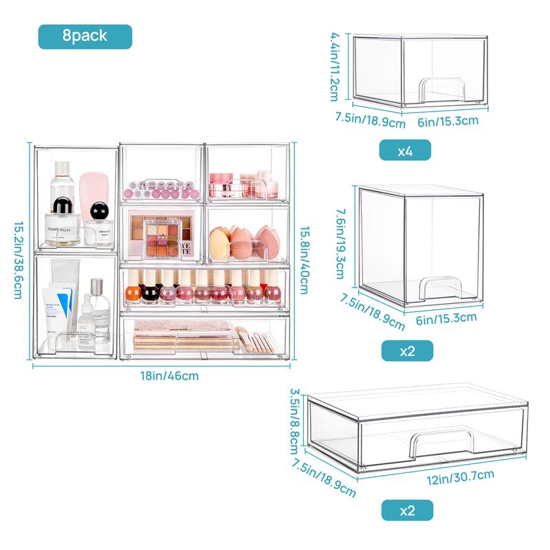 Vtopmart Stackable Storage Drawers Set of 5/8 Clear Plastic Organizer Bins for Nursery Bottle Station and Beauty Supplies Vanity Bathroom Cabinet Pantry Organization Multi-Size Flexible Design BPA-Free Safe New Year Gift