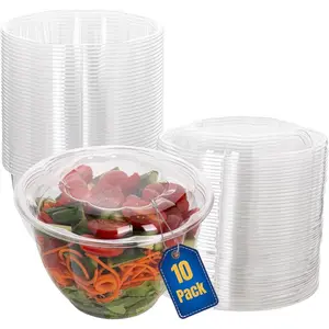 Disposable Plastic Salad Bowls with Airtight Lids (Pack of 10-48 oz) Ideal for Meal Prep, Takeout, Catering, Parties, Picnics, and Food Storage, Stackable, Leak-Proof