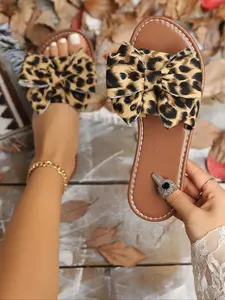Women's Fashion Leopard Print Bow Flat Sandals, Casual Beach Shoes, Comfortable Summer Footwear, Stylish Ladies' Slip-On Slides, Leopard Pattern Slides
