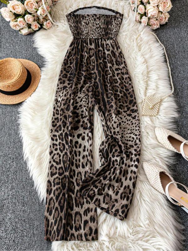 Women's Leopard Print Shirred Wide Leg Jumpsuit, Casual Sleeveless Tube Jumpsuit for Vacation Holiday, Ladies Clothes for All Seasons
