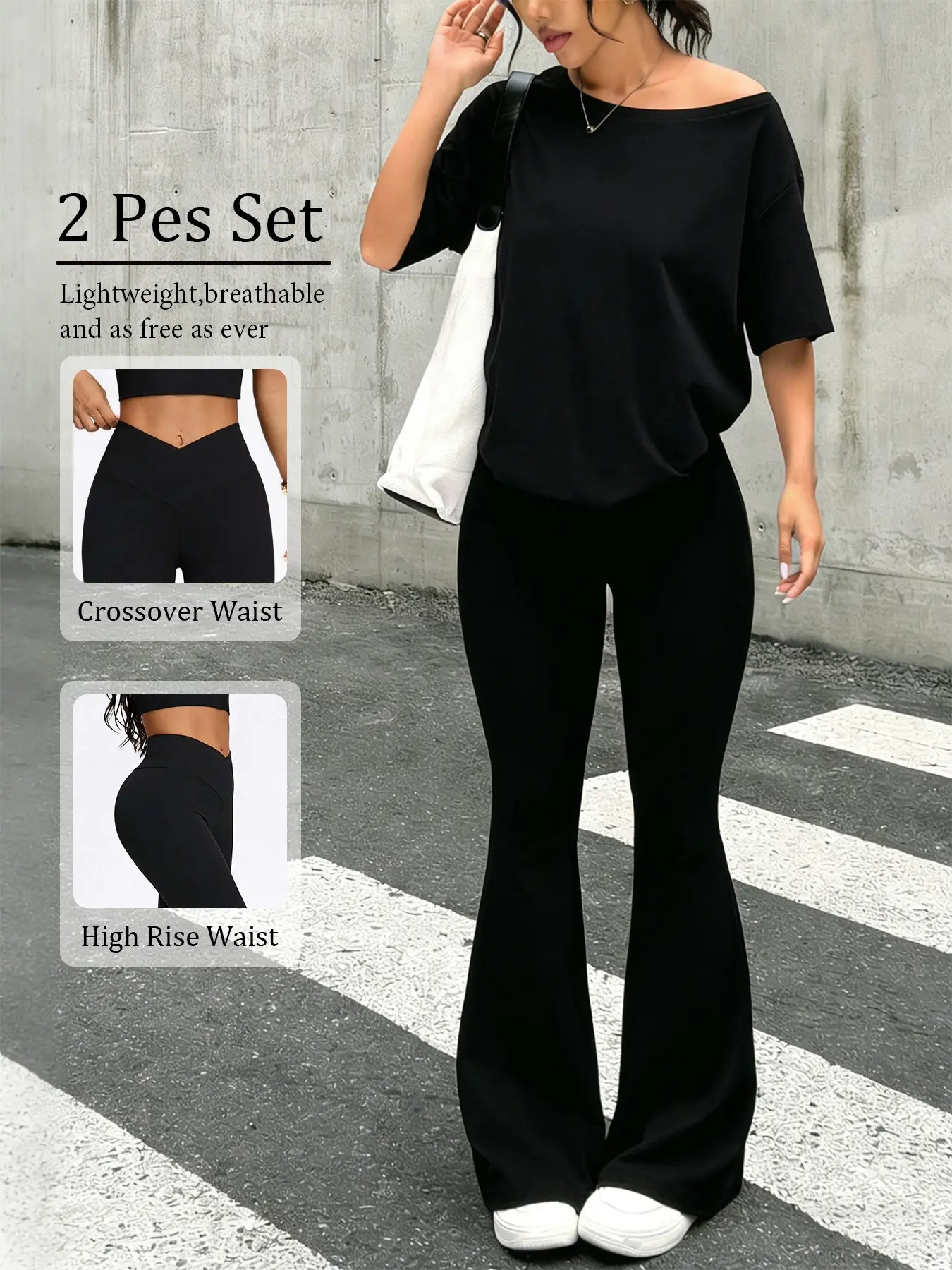 Women's 2 Piece Outfit Palazzo Set Casual Basic, Loose Short Sleeve Breathable T-Shirt & High Waist Flare Leg Pants, Tummy Control, Y2K Streetwear for Daily Wear