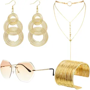 4 Piece 70s Disco Accessories for Woman Disco Costume Halloween Cosplay Party Accessory Set with Rimless Diamond Sunglasses Wire Bracelets Triple Layered Choker and Gold Earrings