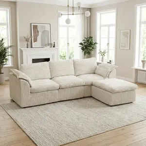 100" Cloud Sectional Couches for Living Room, Convertible L-Shape Couch with Ottoman, 3 Seater Modular Sectional Sofa, Warm White