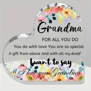 Heart-Shaped Acrylic Grandma Plaque with "Grandma" Name & Message Area - Floral Keepsake Gift for Birthday, Mother’s Day, /Bedside Decoration - Elegant Cursive Font-Like Text, Durable Tabletop Display