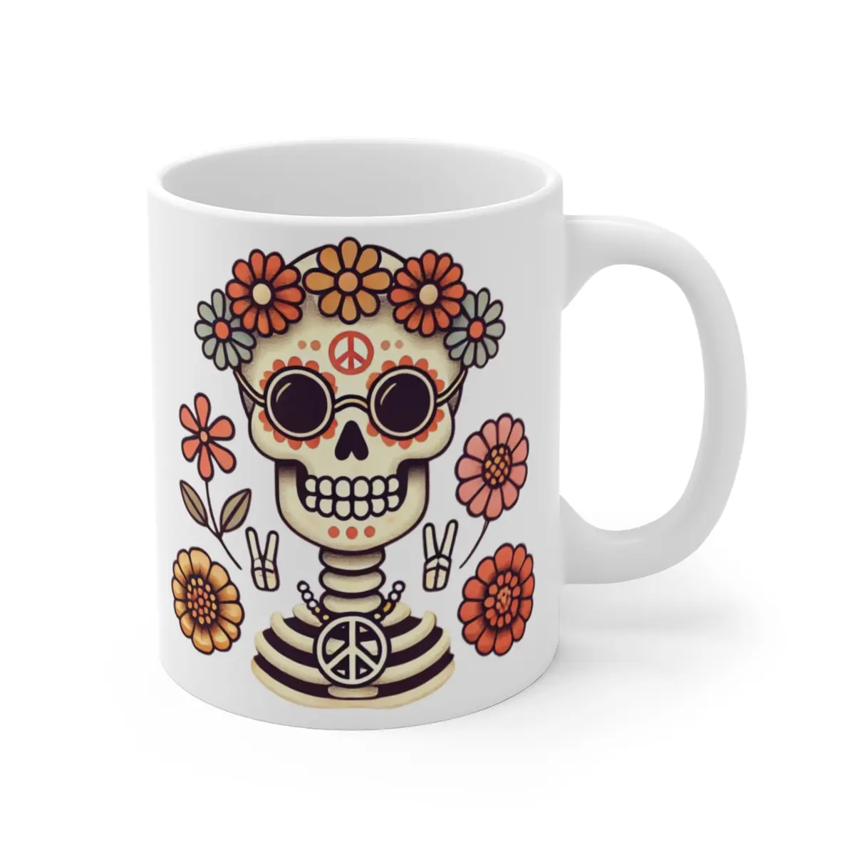 Groovy Skull Mug – Retro Flower Power Peace Design