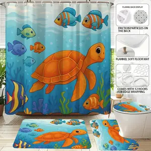 1/4 Pcs Cartoon Sea Turtle Shower Curtain Set, 71×71 Inch Curtain with 12 Hooks, Toilet Lid Cover, Rectangular Mat & U-Shaped Non-Slip Mat, Tropical Fish Underwater World Bathroom Decor