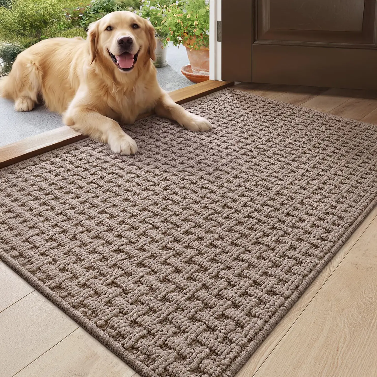 DEXI Washable Indoor Entrance Door Mat - 24x36 Traditional Dirt Trapper, Absorbent Anti-Skid Rubber Backing Durable Fade Resistant Mat for Home Front/Back Door Floor Area, Beige