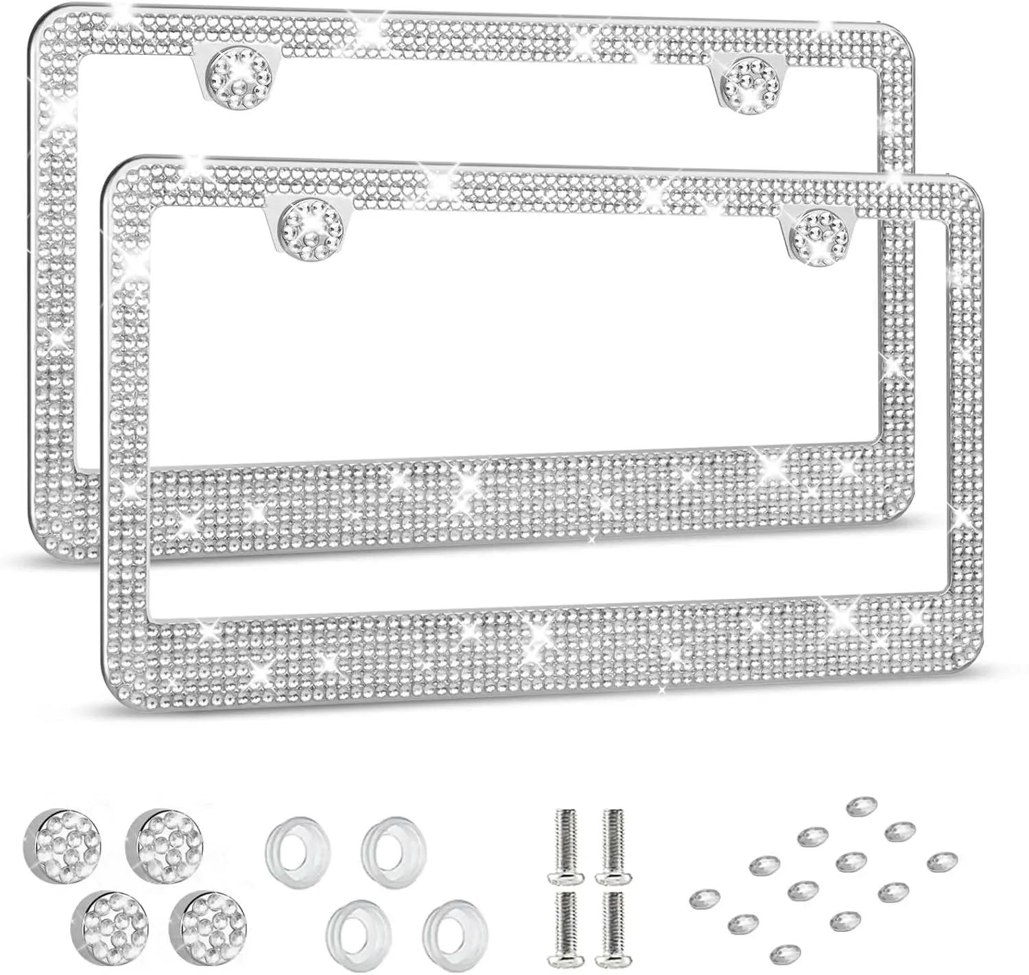 Fancy License Plate Frame - Automotive Car Accessories, Stainless Steel Obstruction-Free Frame with Multifaceted Rhinestones for Women, Black, 1 Pack