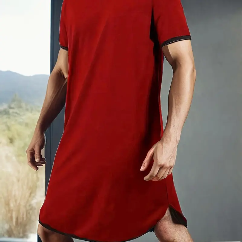 Men's Spring and Summer Short-Sleeve Crewneck Nightshirt, Soft, Breathable, and Lightweight Loose-Fit Sleepwear for Sleeping and Lounging at Home