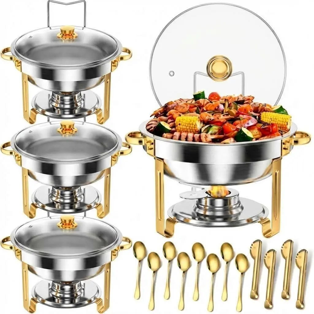 Garvee 4-Piece Silver & Gold Stainless Steel Buffet Chafing Dishes Set - 5L Capacity, Glossy Glass Lids, Warming Tray for Events