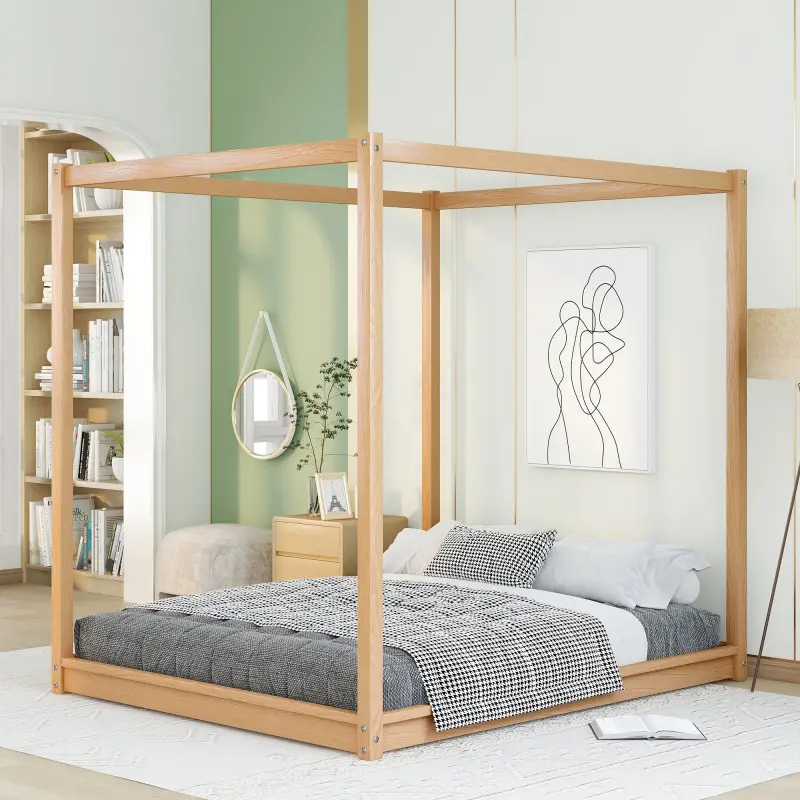 Queen Size Canopy Floor Bed, 4-Post Canopy Platform Bed Frame with Support Legs, Solid Wood Queen Bed Frame for Kids Teens Adults, No Box Spring Needed