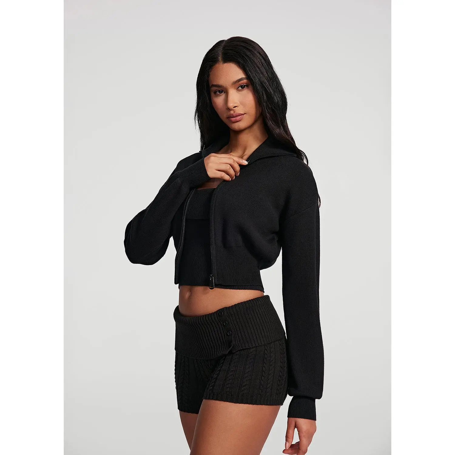 Women's Cropped Knit Jacket, Soft Casual Long Sleeve Full Zip-Up Top, Short Coat for Everyday Wear, Tops, Coats, Basic, Loose Cropped Women's Casual Jackets, Curvy Drapery, Outerwear, Cropped Look