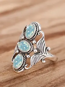 Three Stone Light Blue Opal Ring, Vintage Thai Silver Bohemian Style, Unique Fish Tail Design, Women's Fashion Jewelry, Boho Style Rings