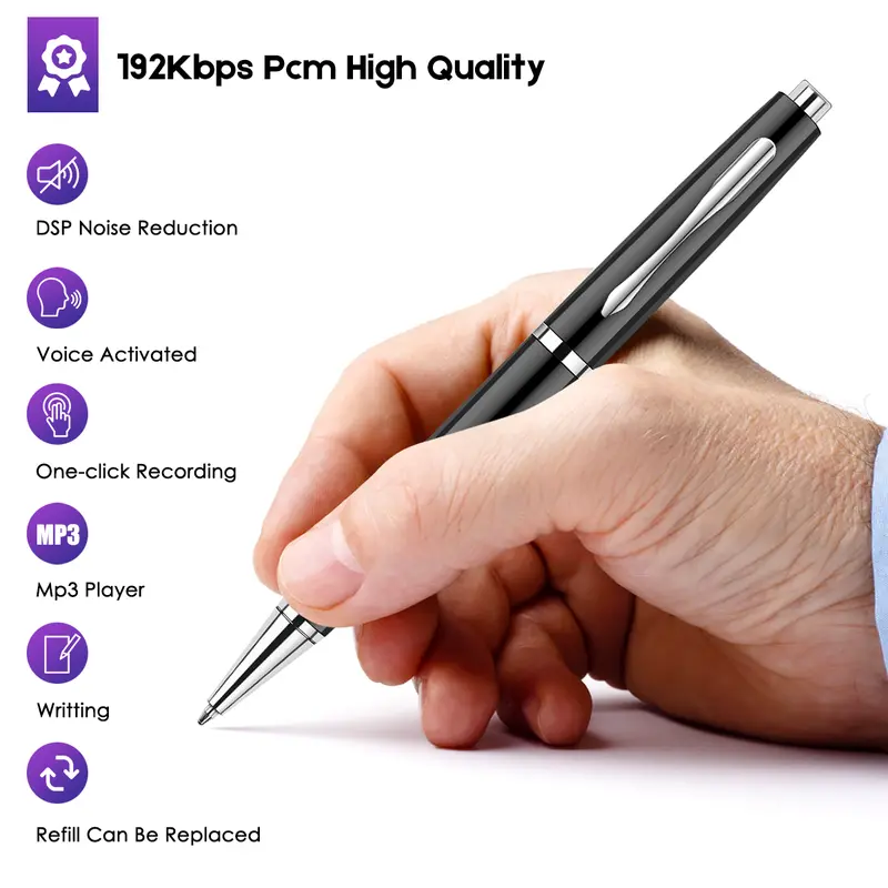 AKALULI 64GB Metal Body Digital Voice Recorder Pen - 3.7V, Micro Card Compatible, Voice Activation, Long Distance Recording, 192Kbps WAV Audio, USB Flash Drive, Refillable Ink Writing, Compact Durable Tech Gadgets (Black)